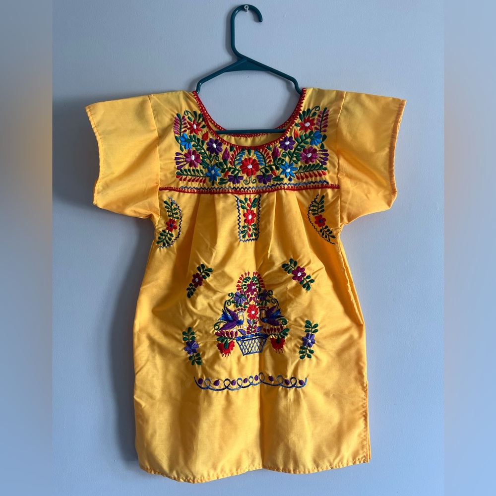 Yellow Embroidered Mexican Dress with Multicolor Floral Stitching